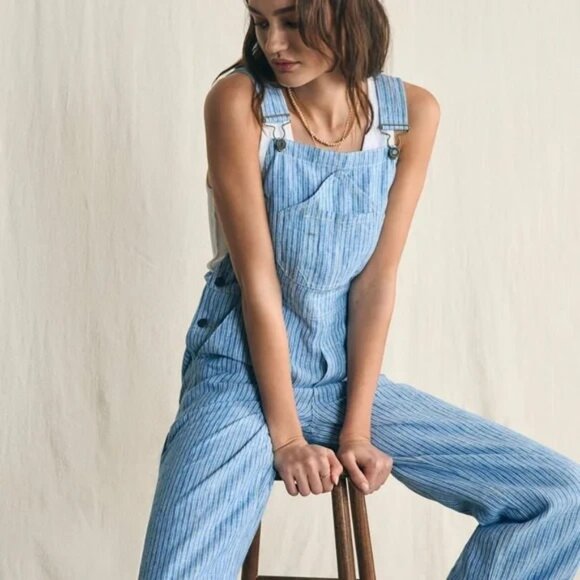 Faherty Womens Linen Mechanic Overalls In Railroad Stripe Blue White Small - Picture 1 of 9
